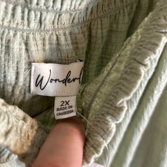 Wonderly Womens Blouse Plus Size 2X Green Puff Sleeve Boho Peasant Cottage New - Picture 4 of 8